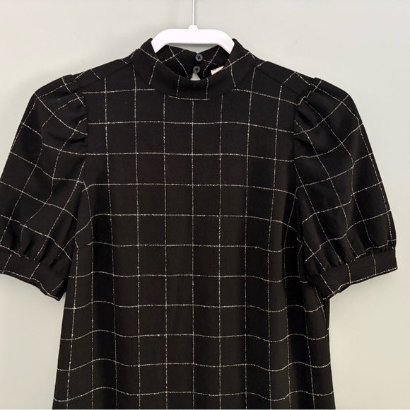 LOFT Windowpane Mock Neck Puff Sleeve Dress Black 0P - Picture 4 of 11